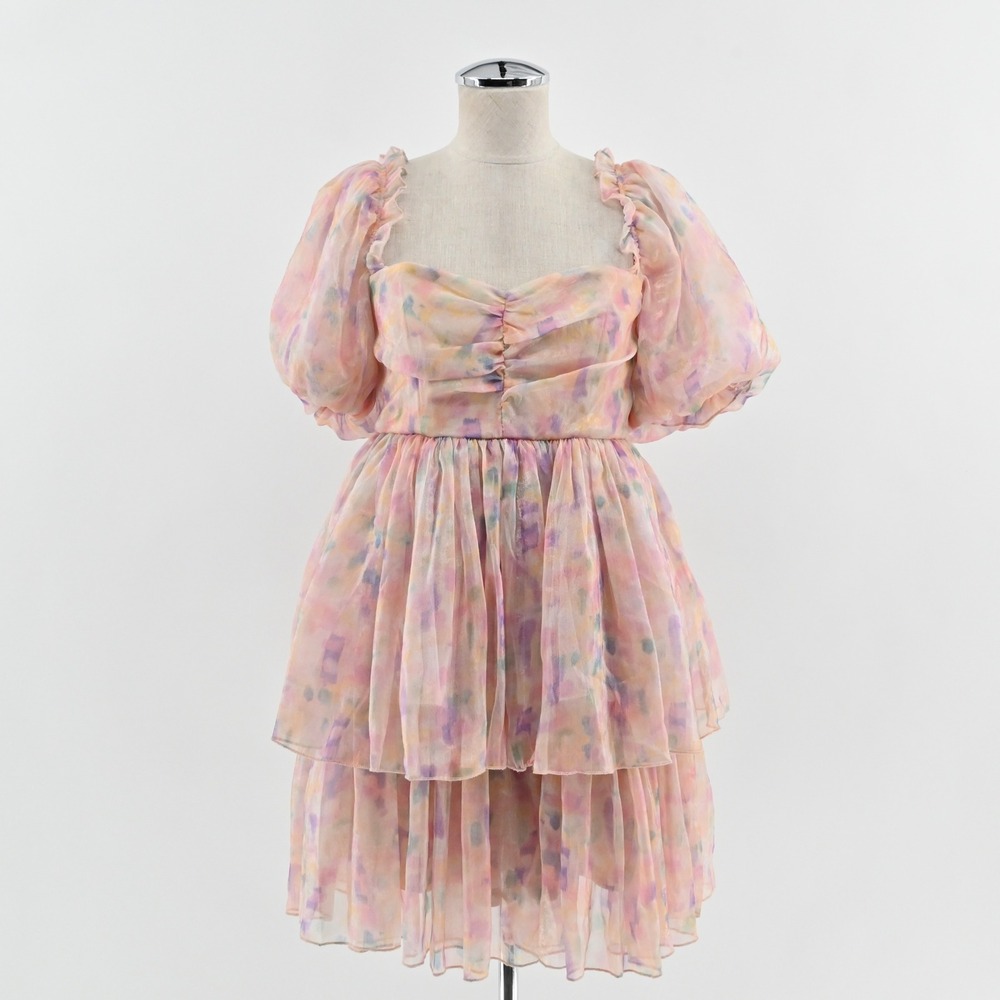 Maya Puff Sleeve Organza Mini Dress‎ Size 8 Pastel Multi Floral Tiered Fairycore